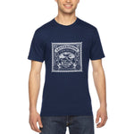 Load image into Gallery viewer, Men&#39;s navy - A man wearing a tshirt with a white letterpress chocolate logo
