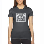 Load image into Gallery viewer, Women&#39;s asphalt - a woman wearing a tshirt with a white letterpress chocolate logo
